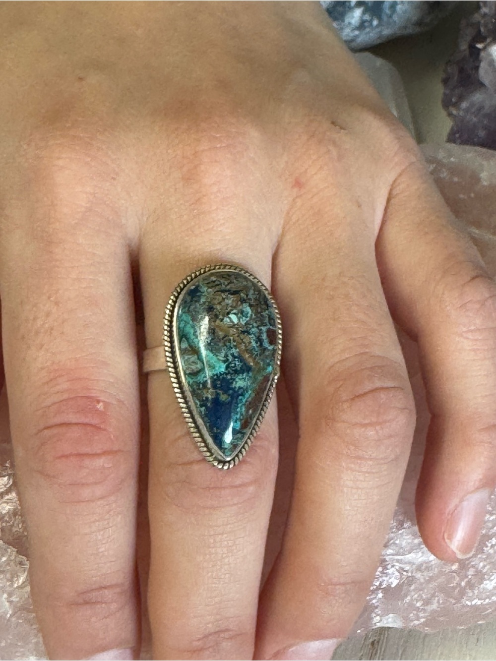 Shattukite Sterling Silver Gemstone Teardrop Statement Ring - Blue-Green Size 8